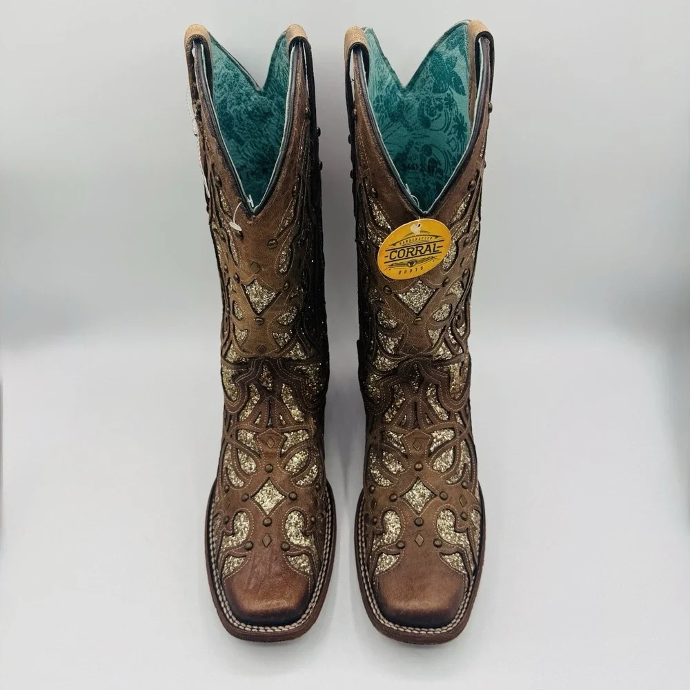Corral Orix Glitter Inlay‎ Boots Women's Size 11 Brown Leather Gold Studded